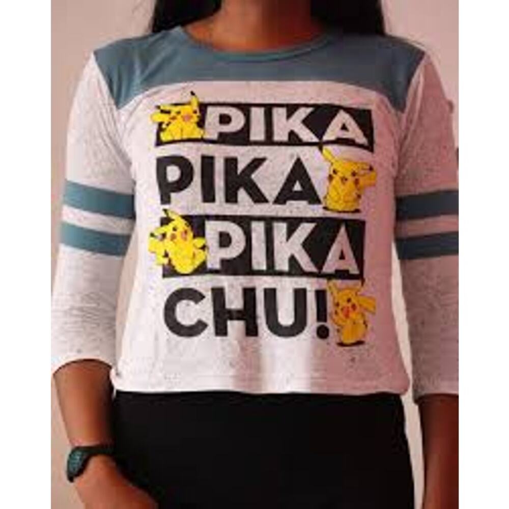 Pokémon Womens Tee T-Shirt 3/4 Sleeve Striped Colorblock Pikachu Sz XS